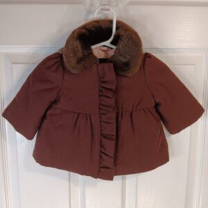 Baby Gap NWT Girl's Brown Wool Blend Faux Fur Collar Pleated Pea Coat Size 3-6M